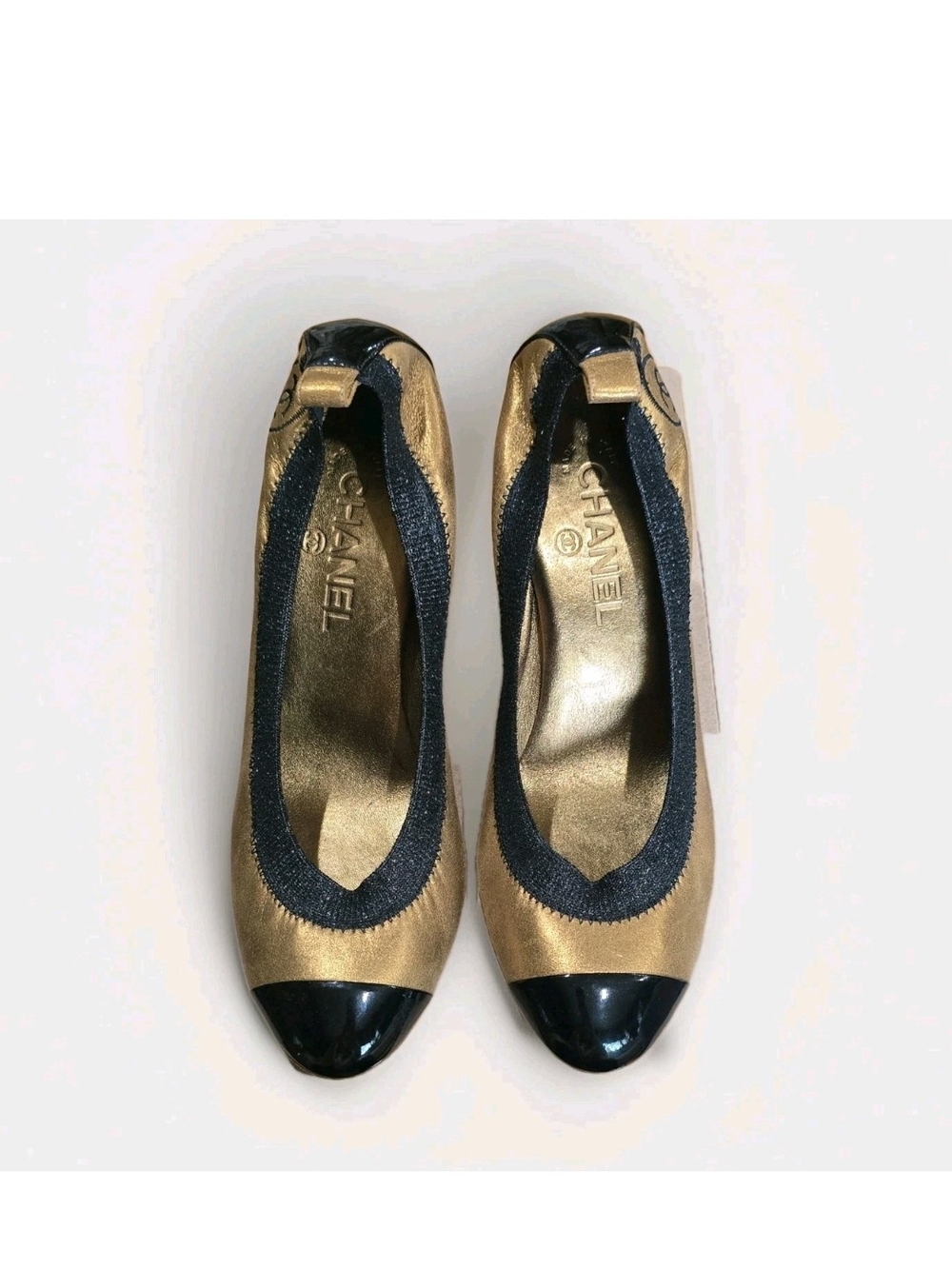 CHANEL Gold Leather Heel Pumps with Black Patent Cap Toe